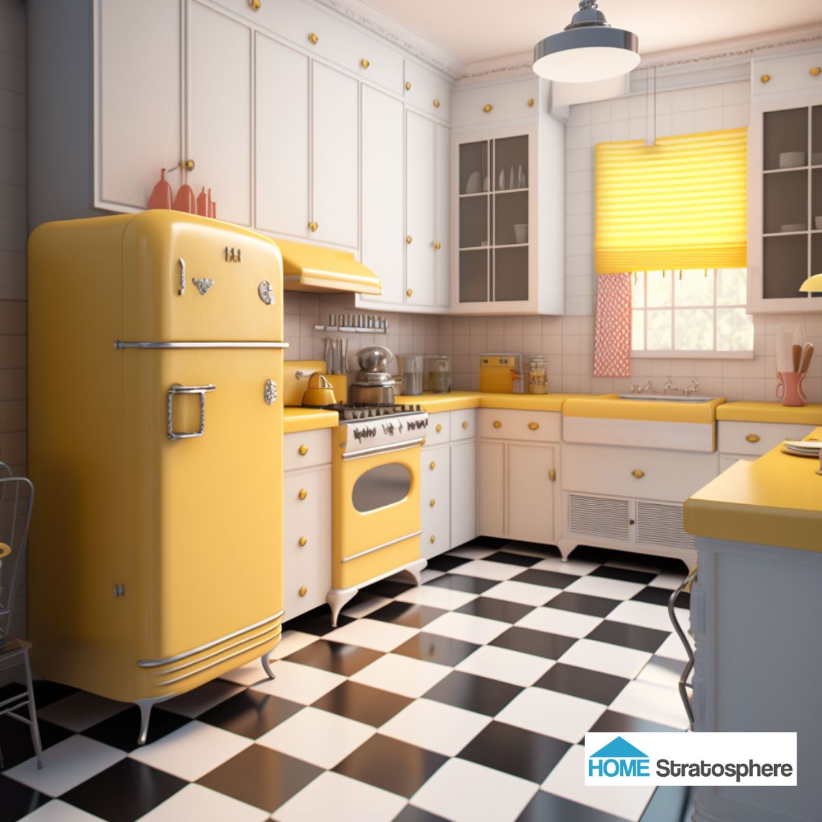 这间厨房的大部分空间都是纯净的白色，这是一个经典的选择，很容易发现任何混乱。格子地板适合现代厨房，但复古的冰箱和台面上的淡黄色使概念保持主题。