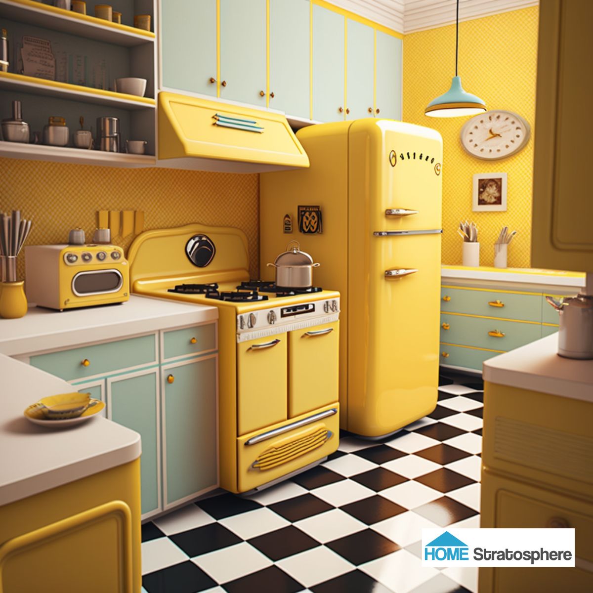 这个厨房的空间奇怪地收缩和扩张。像烤箱的设计和冰箱后面的架子这样的怪癖比比皆是。虽然我通常想在厨房里有很多台面空间，但这一个可以用得少一点。柔和的黄色和绿松石点缀在方格地板上，电器的选择与之相结合，提供复古的体验。