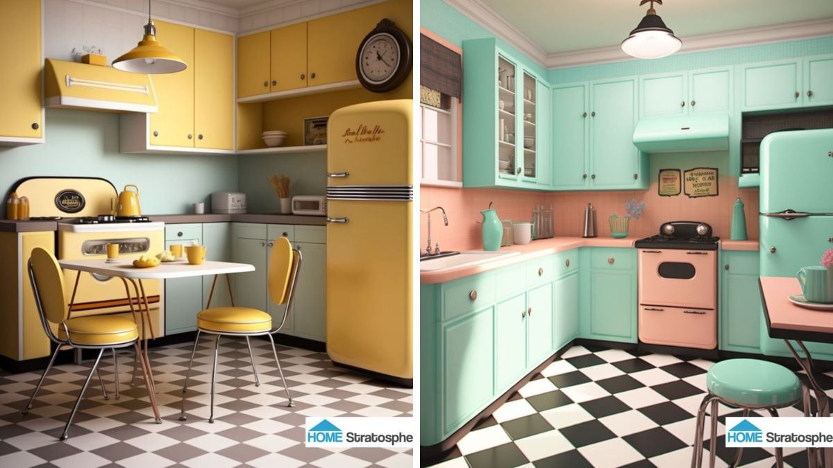 20世纪50年代复古厨房设计的拼贴画。