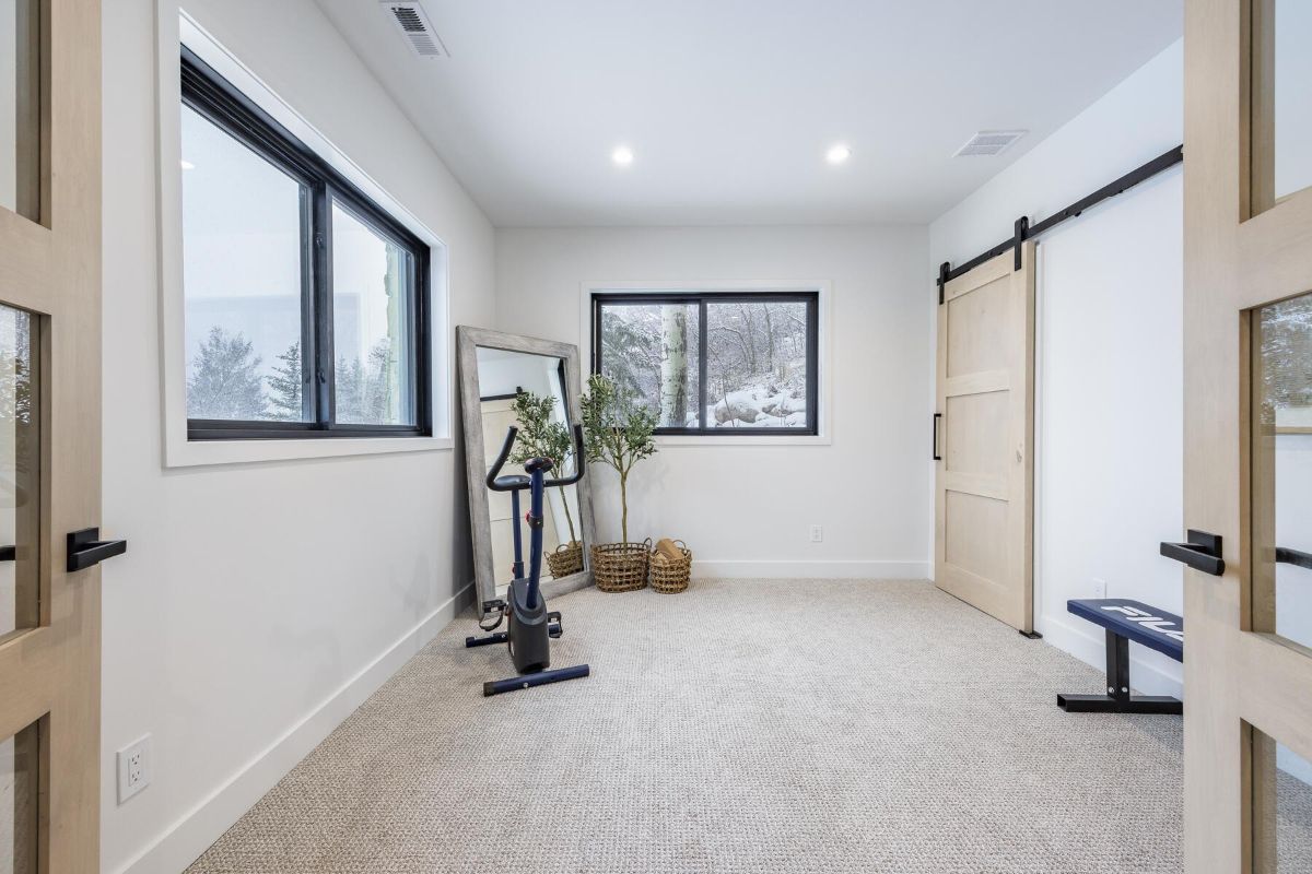 这个小健身房有一面墙的地毯和室内自行车。