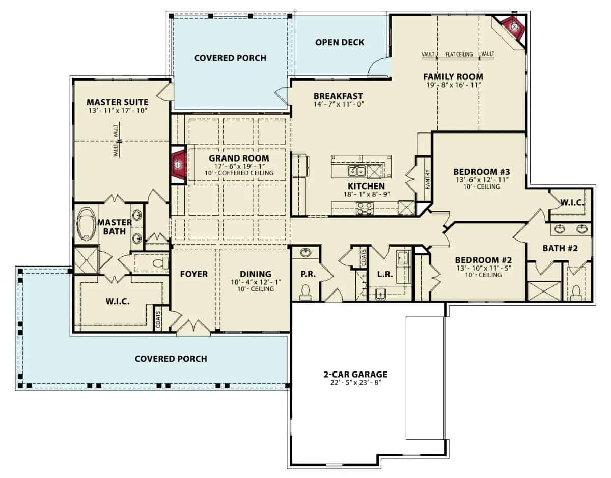 单层三卧室坎伯兰港小屋C的主平面平面图，设有门厅，大房间餐厅，厨房，家庭娱乐室，三卧室，洗衣房，通往车库的储藏室，以及充足的户外空间。