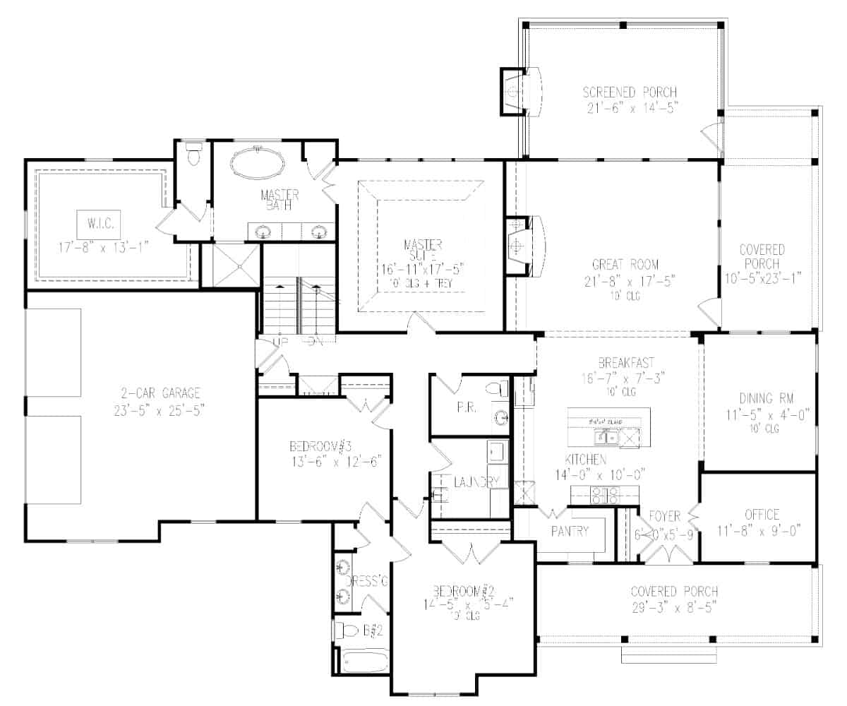 单层3卧室Wood Creek农舍的主要楼层平面图，设有门厅，大房间，餐厅，厨房，早餐角，办公室，三间卧室，洗衣房和侧装车库。
