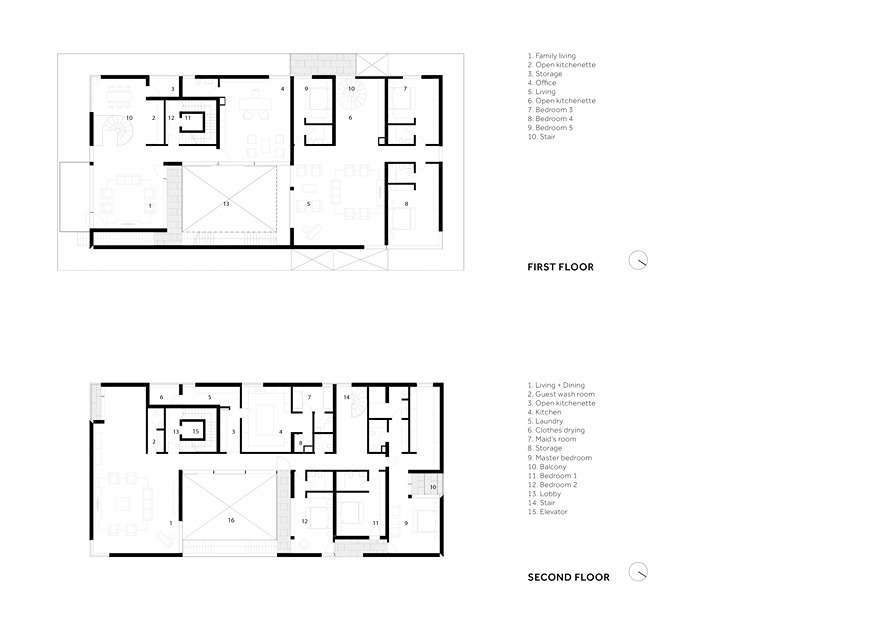 房子的第一层和第二层平面图。