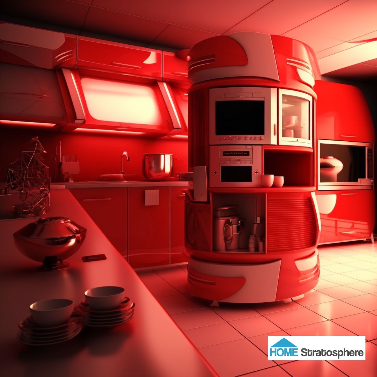 每个表面都覆盖着一种闪闪发光的红色，就像科幻小说中某个皇帝的侍卫一样。机器人厨房岛布满了各种小工具和存储空间。虽然红色变得强烈，布局受到AI扭曲的影响，但我觉得在这个厨房做饭会很有趣。