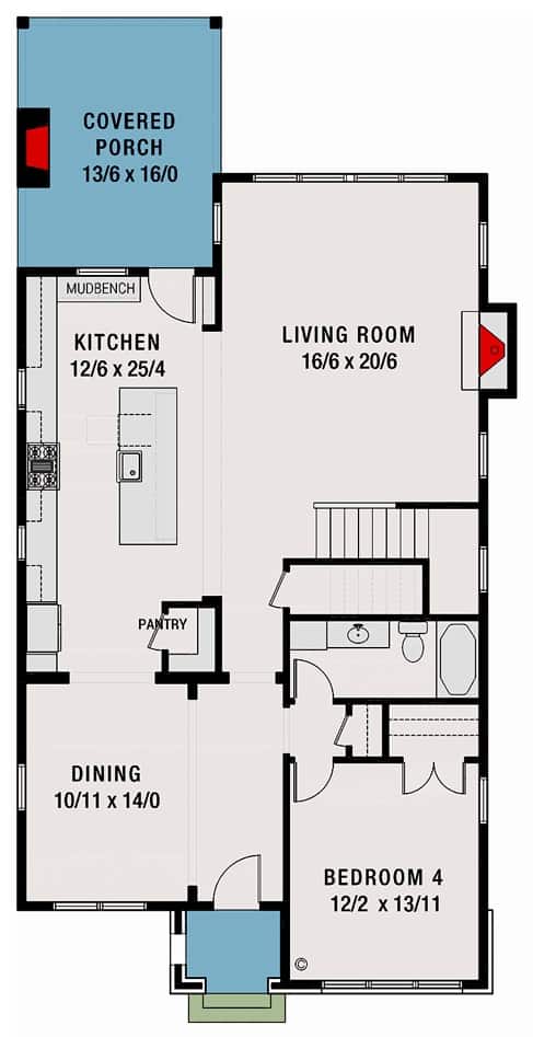 当代两层四卧室小屋的主楼层平面图，包括餐厅，厨房，客厅，卧室和带顶棚的门廊。