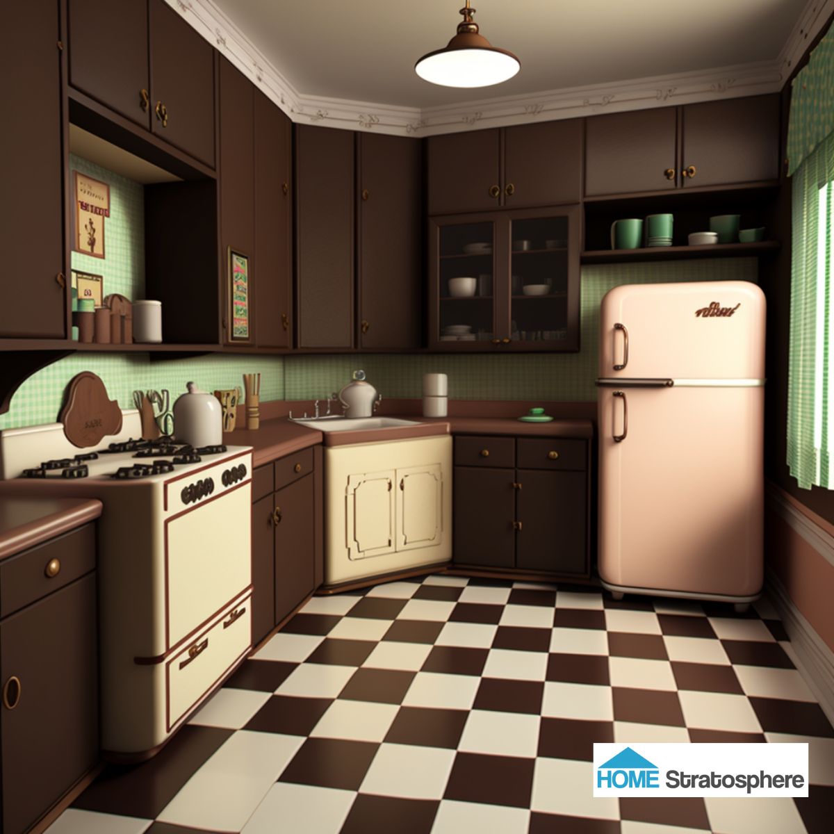 深棕色的橱柜和柜台形成了质朴的背景，而墙壁图案上的一点蓝绿色和冰箱上的浅粉色增添了复古的风格。倾斜的布局留下了充足的开放空间，这将是一个完美的厨房岛。