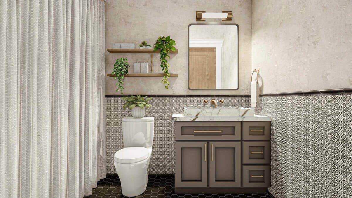 反映在浴室装饰瓷砖连壁。它包括hex-tiled地板和浮动货架背靠爬行植物。