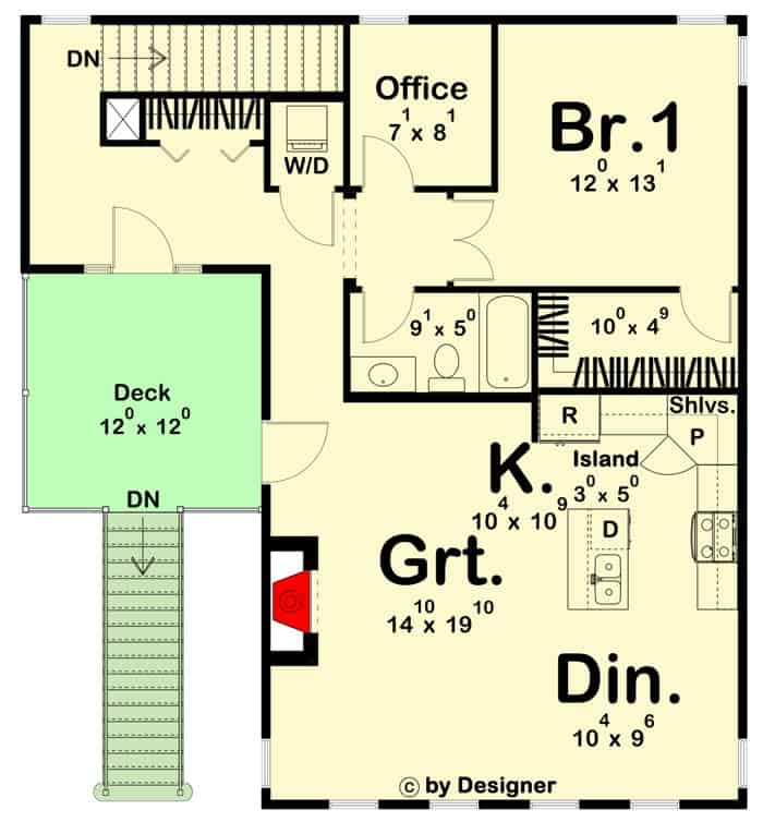 二级平面图的房间,厨房,餐厅,卧室,家庭办公室,洗衣衣柜,和一个阳光甲板。