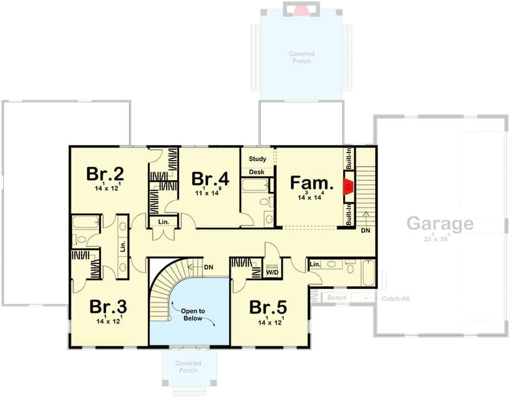 二级平面图有四个卧室,三个浴室,一个家庭房间。