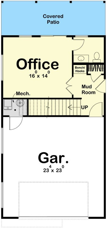 主级平面图2居室的现代风格的两层运输带回家在家办公,寄存室,半身浴,双车库,一个天井。