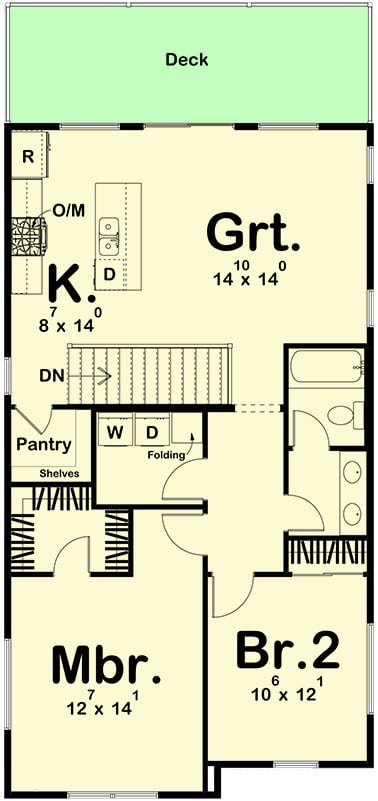 二级平面图的房间,一个厨房,两间卧室,洗衣房,甲板上。