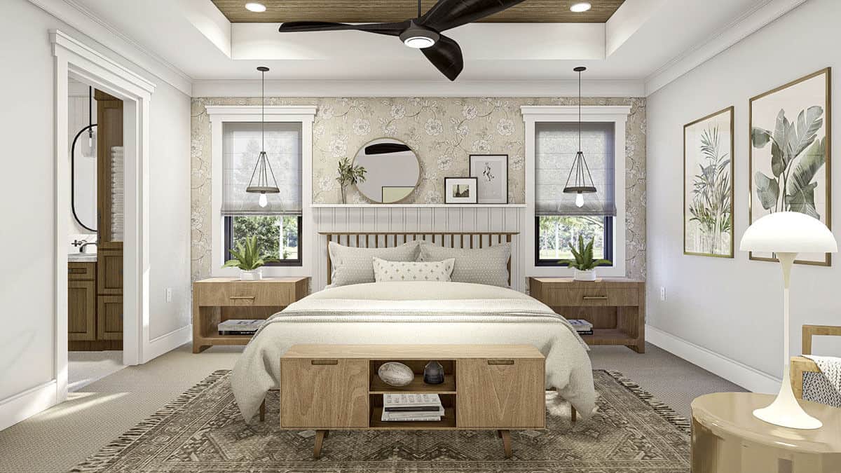 主卧室包括一张木床，床的一端有一个控制台，配套的床头柜，地板上铺着流苏地毯。
