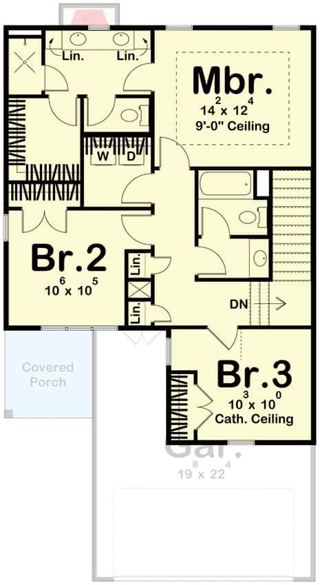 二层平面图有三间卧室，两间浴室和一间洗衣房。