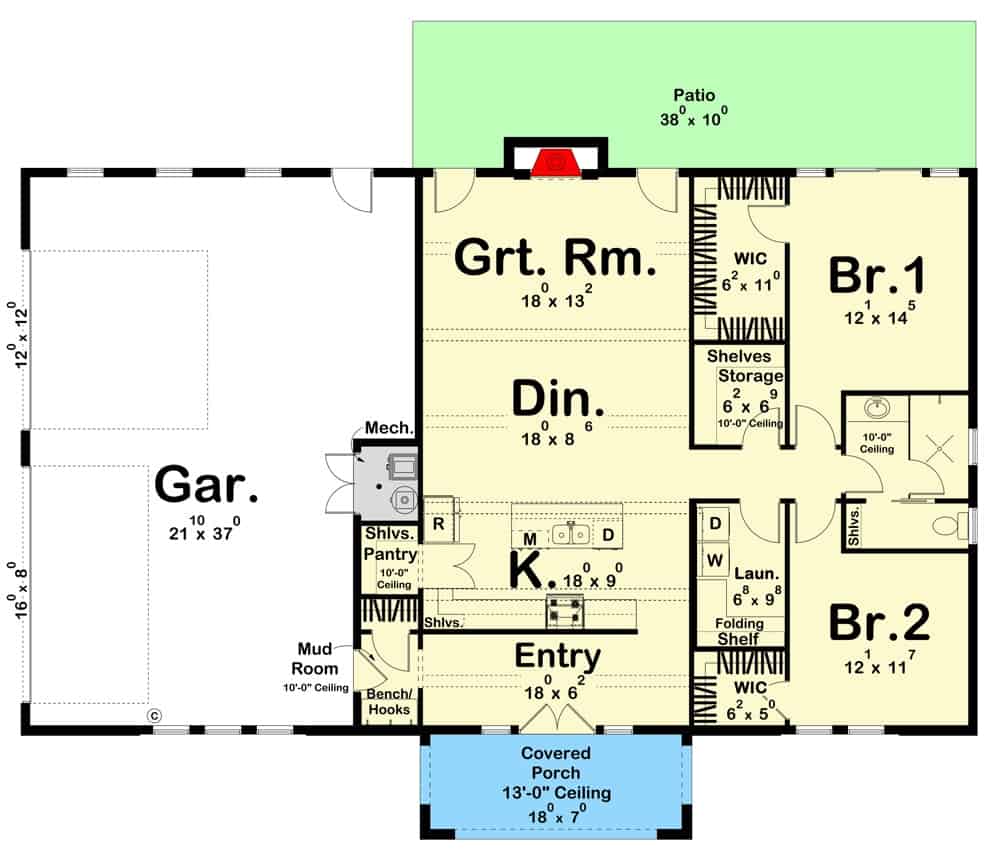 当代风格的2卧室单层巴恩多住宅的主要楼层平面图，设有门厅，厨房，用餐区，大房间，两间卧室和侧装车库。