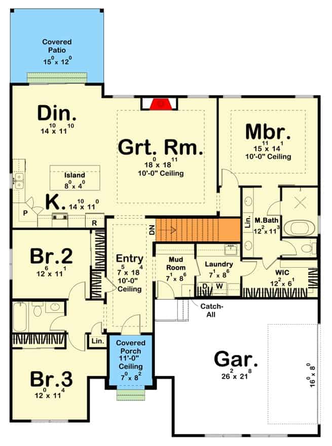 三卧室当代单层乡村住宅的主平面平面图，设有门厅，大房间，厨房，用餐区，洗衣房和通往车库的储藏室。