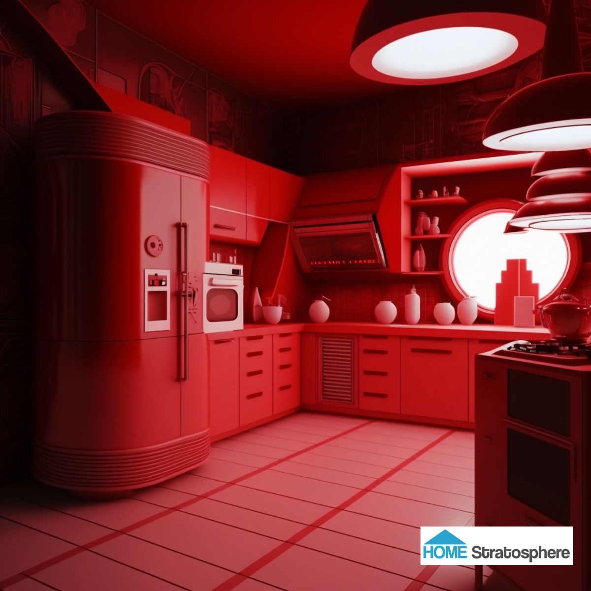 红色厨房激发的紧迫感可能会在截止日期前做饭时有所帮助。很难找到水槽和炉子，而且要么烤箱很小，要么厨房里有一台台式洗碗机。它也不是最具未来感的设计，尽管冰箱再次听从了原子技术的氛围。