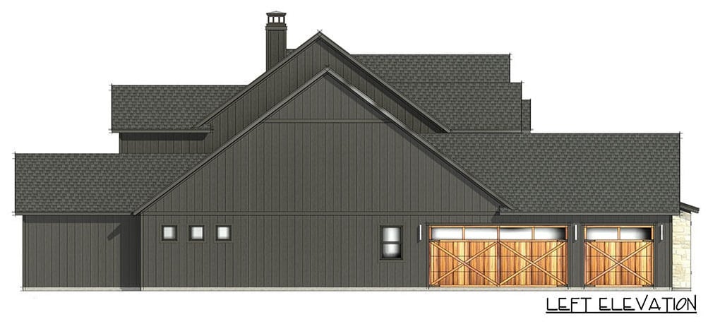 新美式风格的四卧室两层工匠住宅的左立面草图。