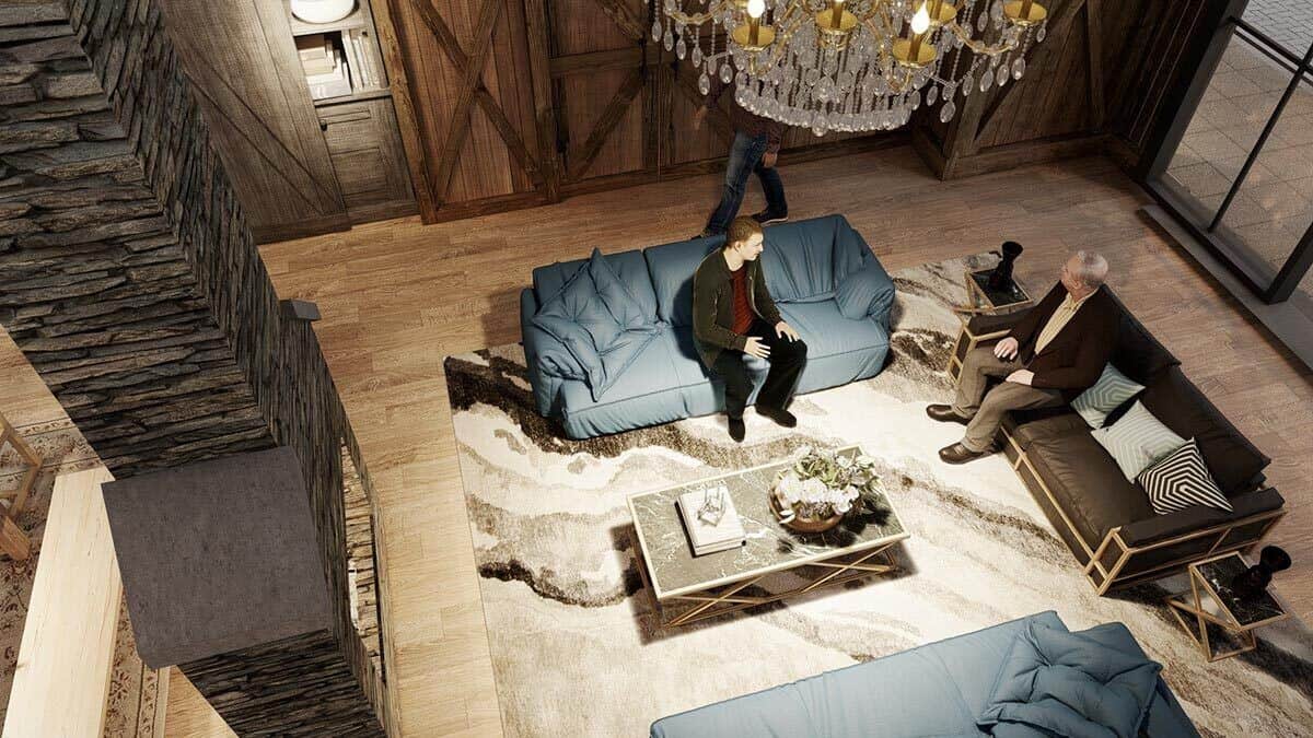 客厅里有舒适的沙发和摆放在大面积地毯上的现代桌椅。