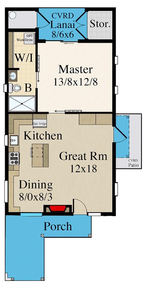 一个紧凑的1卧室单层现代住宅的主要层平面图，带有门廊，大房间，用餐区，厨房和主要套房。