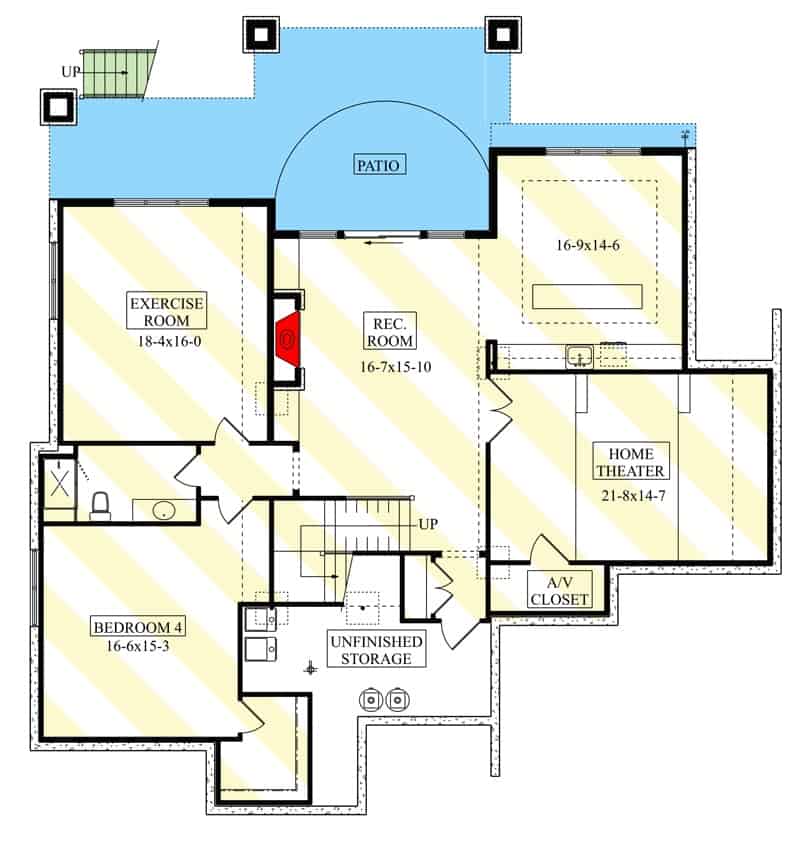 低层平面图有卧室、家庭影院、娱乐室和健身房。