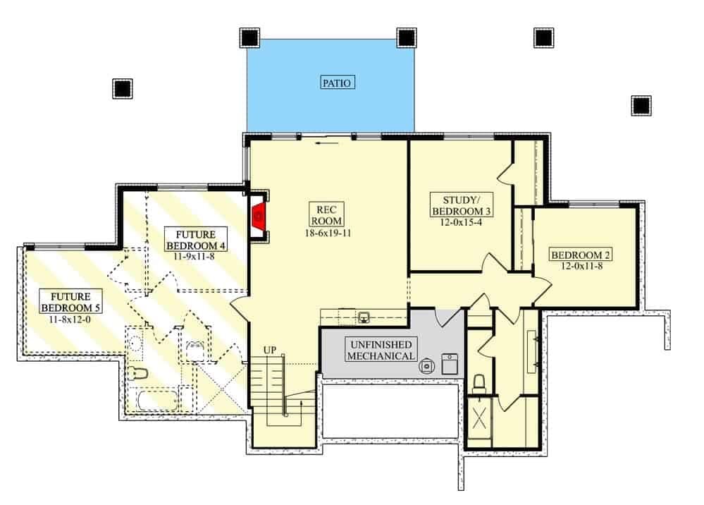 二级平面图和娱乐室,学习,两个卧室,和一个后天井。