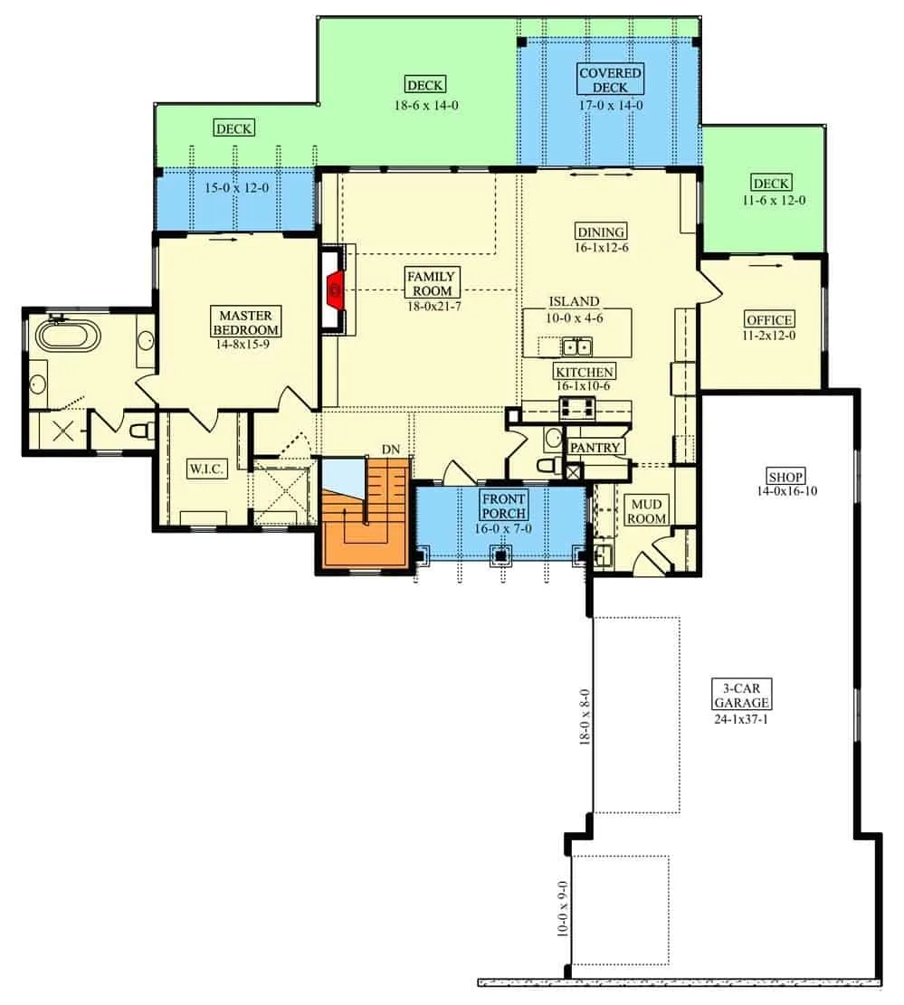 主级平面图的单层5-bedroom山牧场与家人的房间,餐厅,厨房,家庭办公室,主要套件,寄存室导致车库。