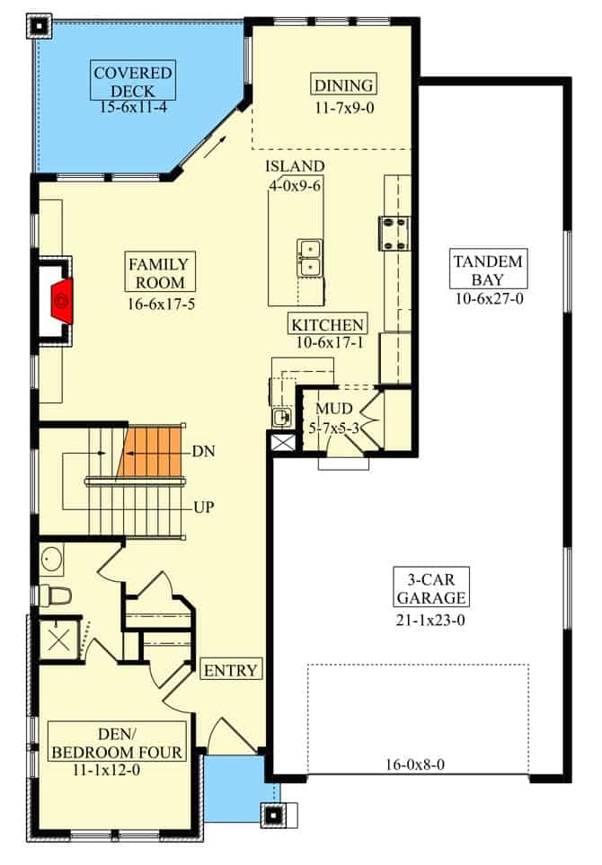 两层四卧室过渡西北住宅的主平面平面图，设有门厅，家庭娱乐室，厨房，用餐区，书房/卧室以及通往车库的储藏室。