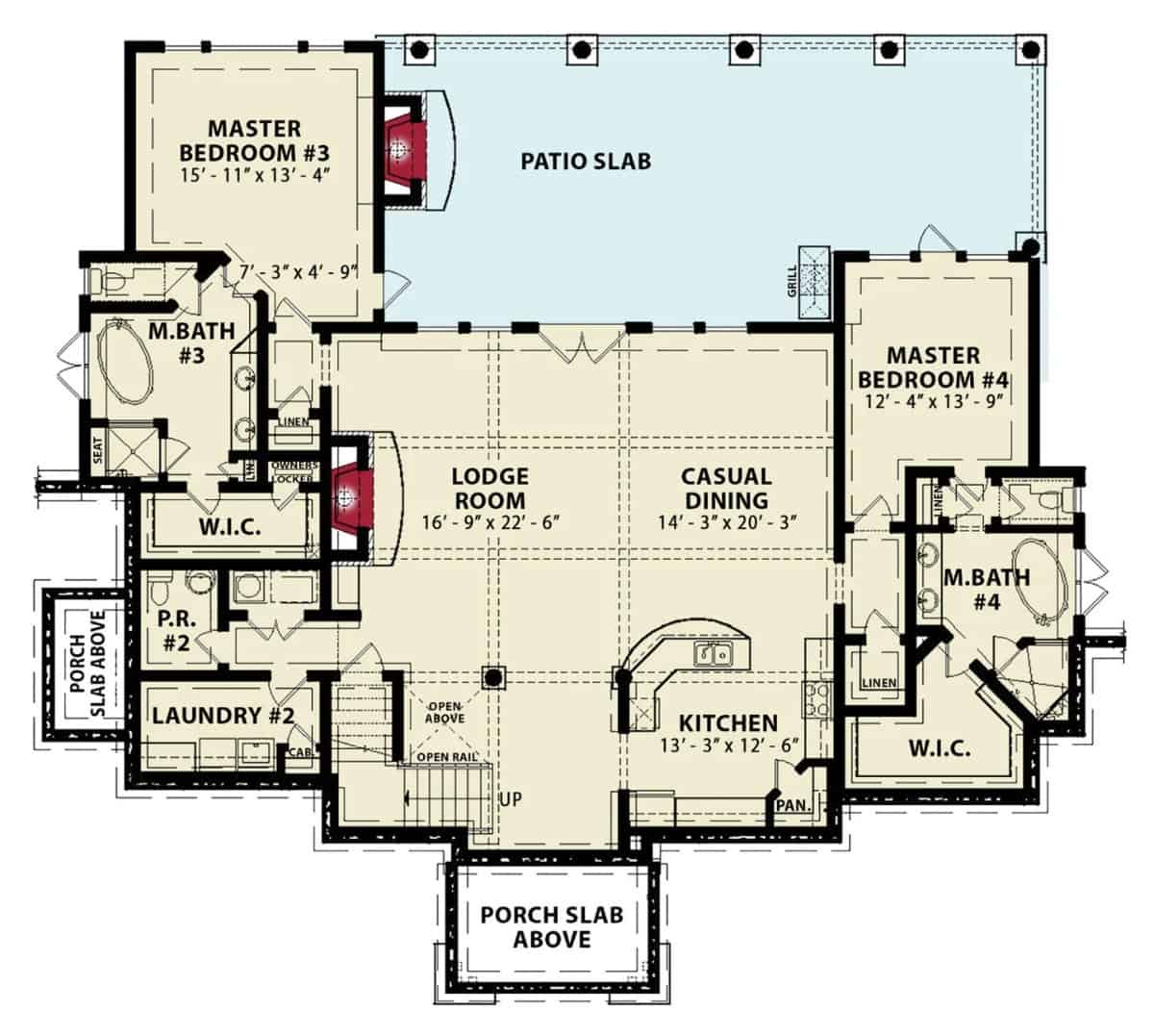 底层平面图与旅馆的房间,休闲餐饮、厨房、洗衣,和两个额外的卧室套房。
