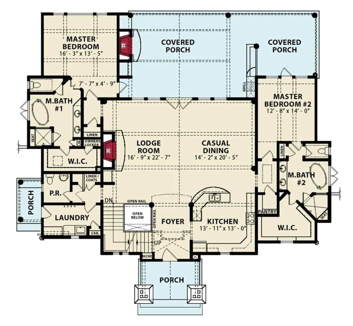 主级两层的平面图与门厅当代位于乡村住宅,旅馆的房间,休闲餐饮、厨房、洗衣房、两个主要套房,和大量的户外空间。