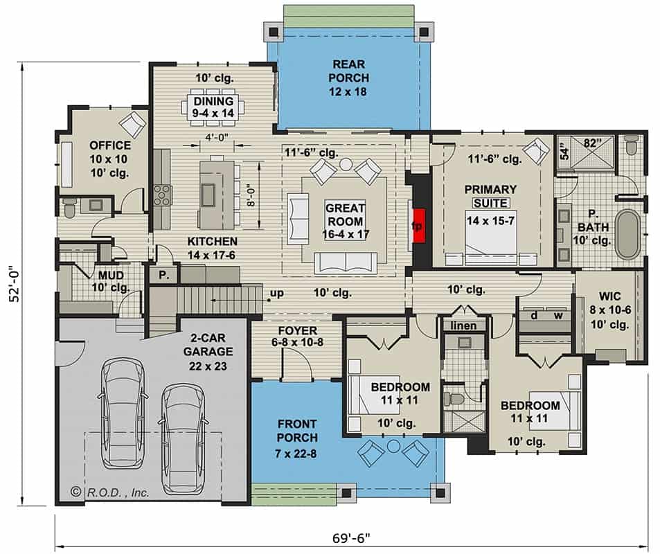 3间卧室的现代小屋风格单层住宅的主要楼层平面图，带有前后门廊，大房间，厨房，用餐区，家庭办公室和通往车库的储藏室。