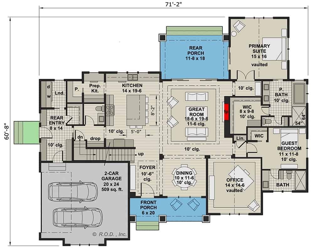 现代风格5卧室两层农舍的主平面平面图，前后门廊，大房间，厨房，用餐区，家庭办公室和通往车库的储藏室。