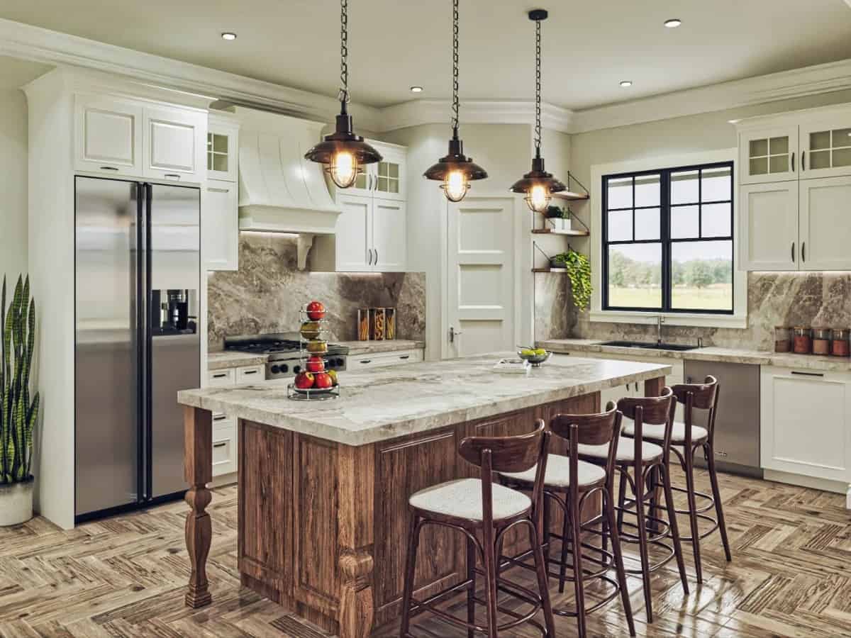 白色和木材的完美融合为厨房带来了舒适的氛围。