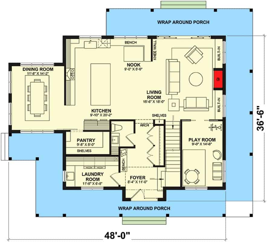 两层四卧室的新美国乡村住宅的主要楼层平面图，设有门厅，客厅，厨房，餐厅，洗衣房，游戏室和环绕式门廊。
