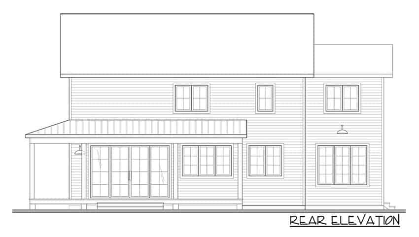 两层四卧室的新美国乡村住宅的仰角草图。