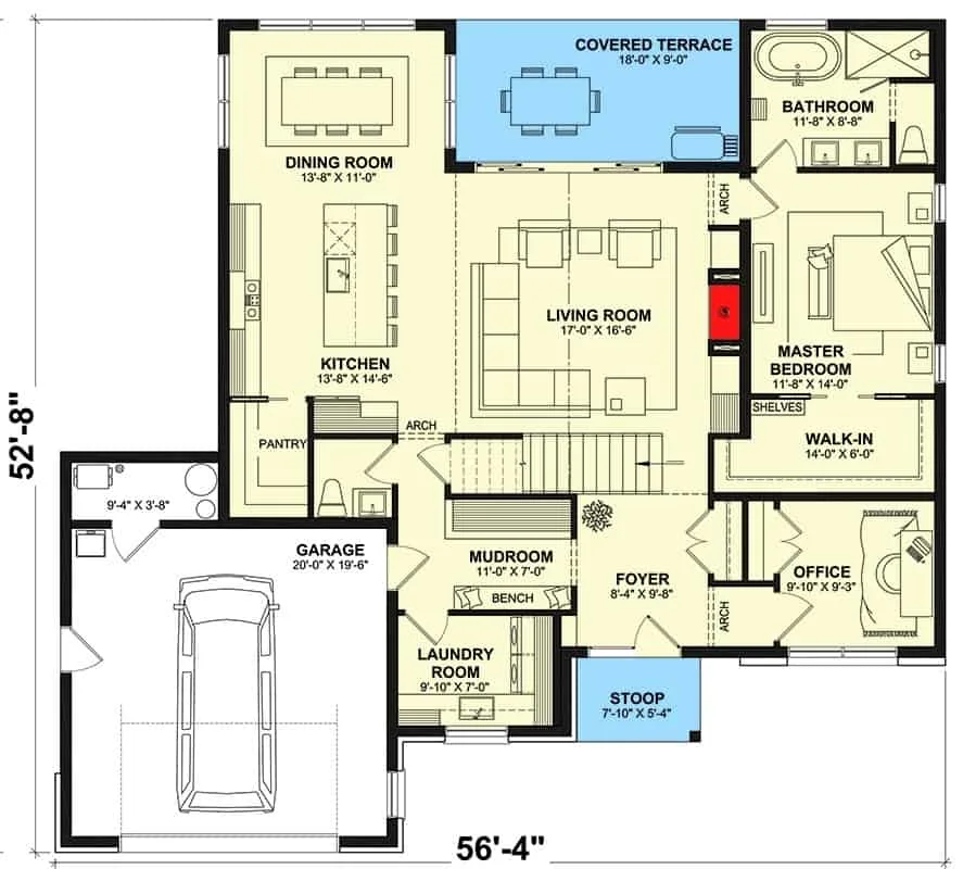 主级的平面图3现代卧室两层与门厅,客厅,厨房,餐厅,家庭办公室,主套房,洗衣,寄存室,打开车库。
