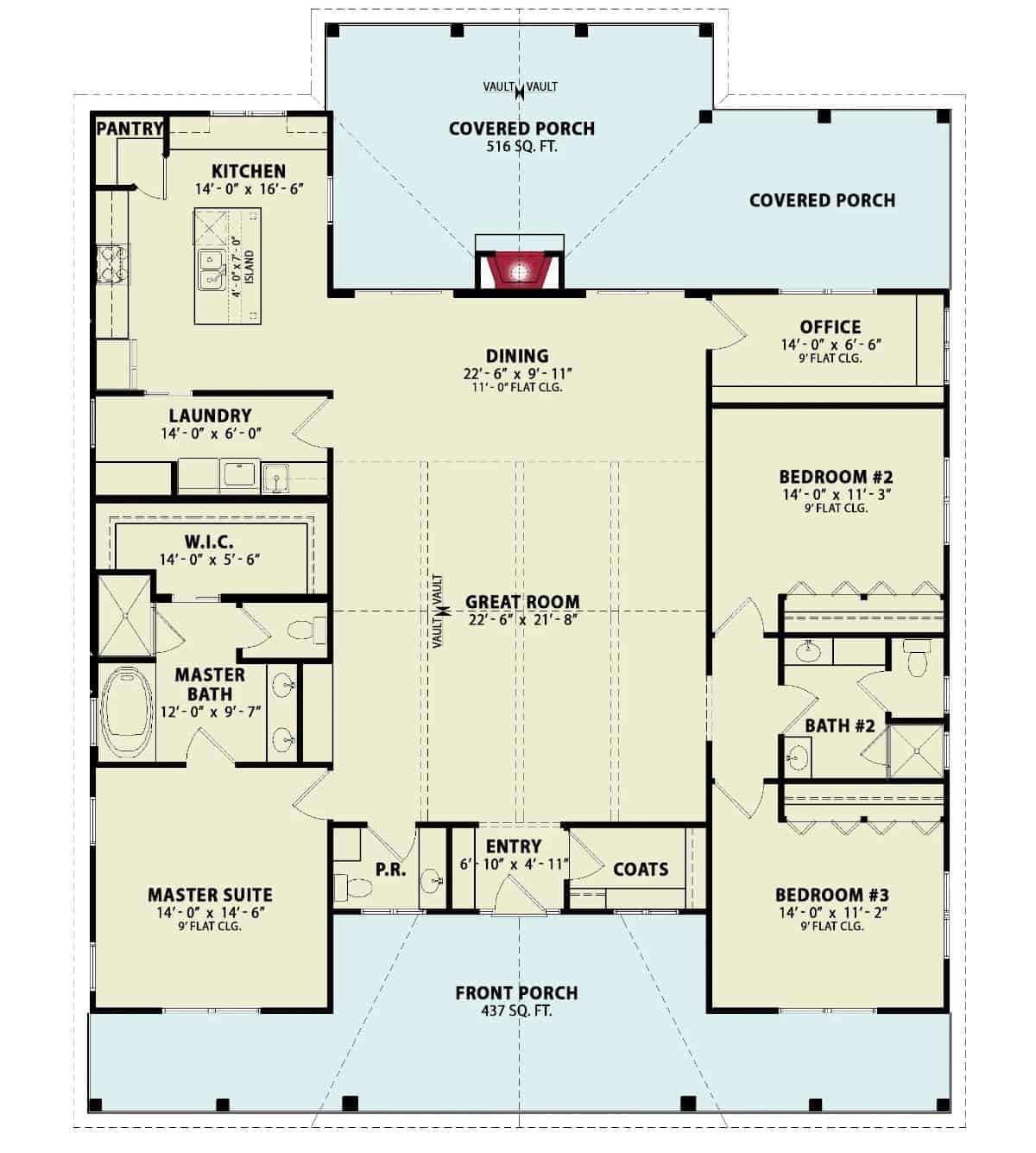 乡村工匠风格的3卧室单层Alma Cottage B的主要层平面图，带有前后门廊，门厅，大房间，用餐区，厨房，家庭办公室和洗衣房。