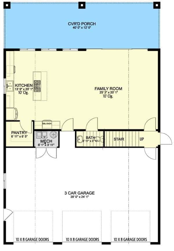 两层三卧室公寓的主平面平面图，三个车库，一间厨房，一间粉末浴室和一间通往有盖门廊的家庭娱乐室。