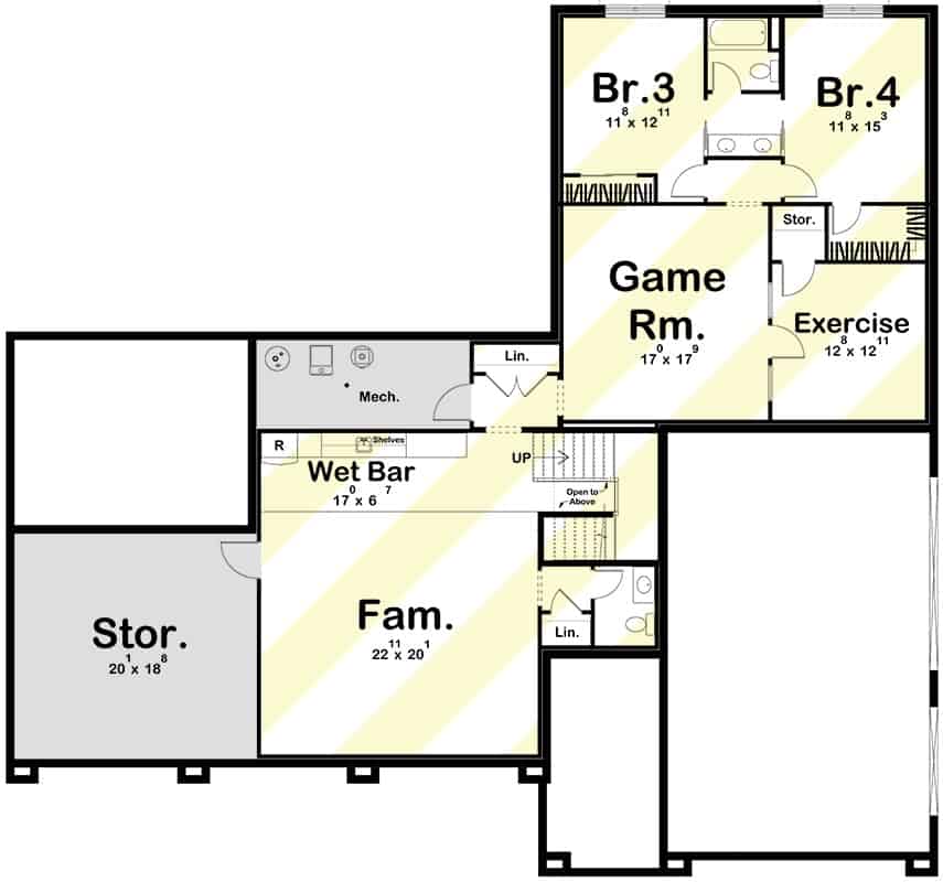 较低楼层平面图，设有游戏室，健身房，两间额外的卧室和带酒吧的家庭娱乐室。