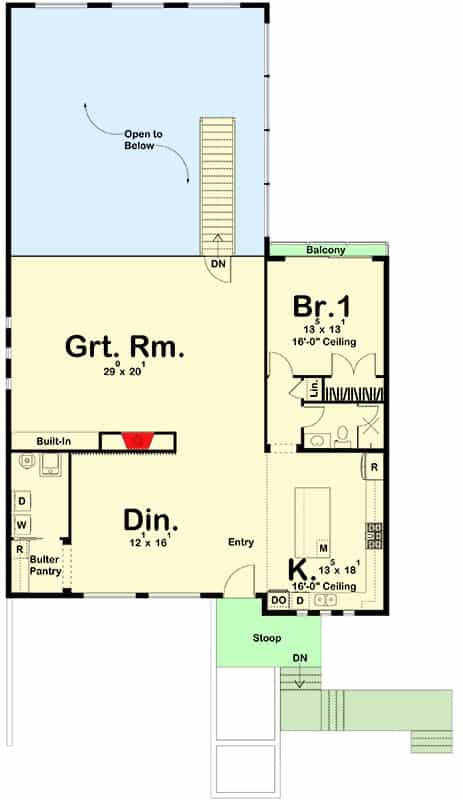 三卧室现代风格单层马车屋的主平面平面图，设有大房间，用餐区，厨房和卧室。