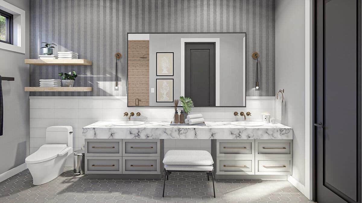 盥洗室与双水槽梳妆台结合在一起，构成了主浴室。