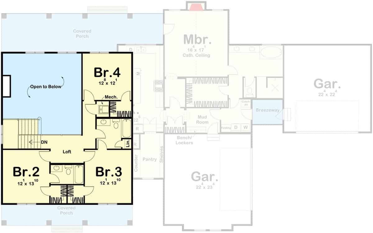 二楼平面图，有三间卧室，两间浴室和一间阁楼。
