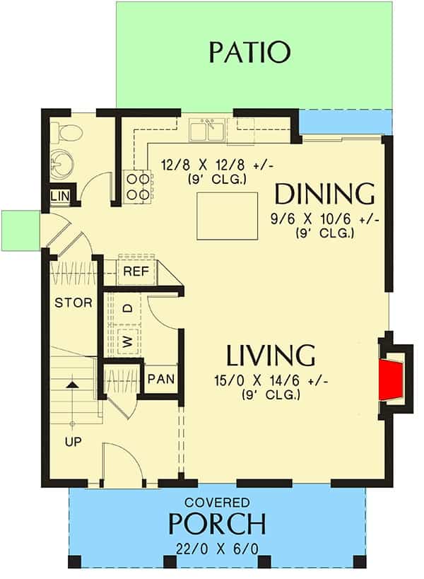 3卧室乡村风格两层住宅的主平面平面图，设有前廊，客厅，用餐区，厨房和后露台。
