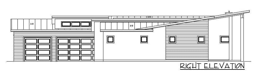 单层现代四卧室髋屋顶住宅的右立面草图。