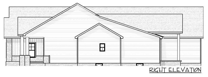 乡村风格的3间卧室单层农舍的右立面草图。