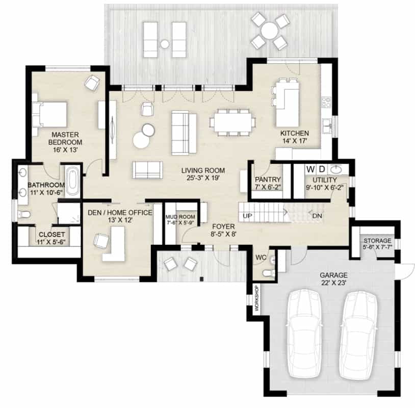 三卧室当代风格的两层住宅的主要楼层平面图，设有门厅，客厅，厨房，家庭办公室，公用设施，主要套房，带车间和专用存储的双车库。