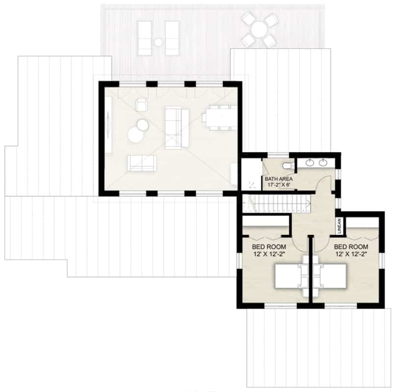 二层平面图有两间卧室和一间公共浴室。