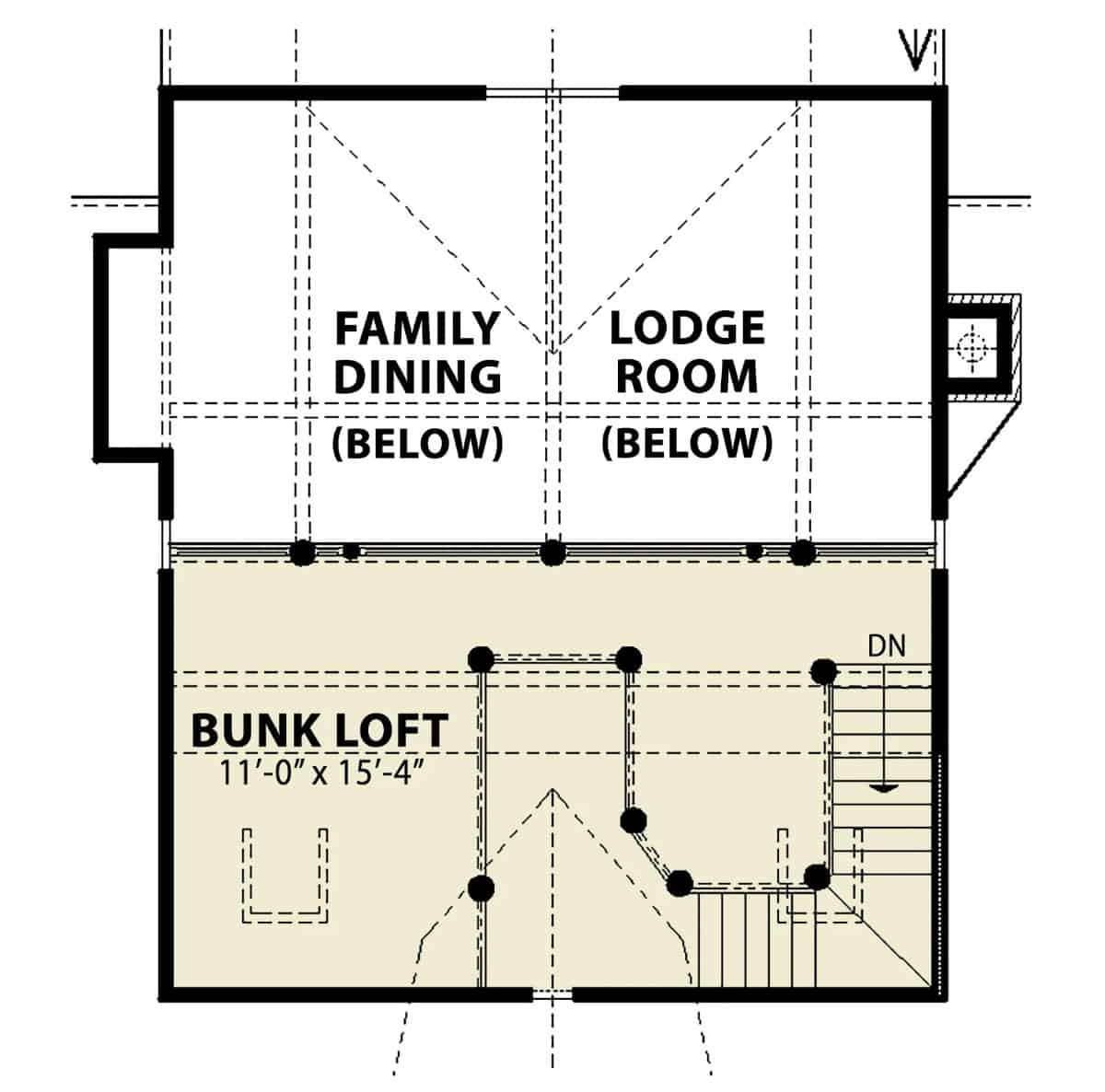 双层阁楼平面可俯瞰家庭和住宿房间。