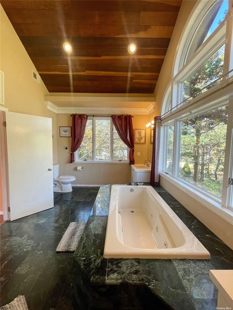 优雅的浴室拥有豪华浴缸坐落在迷人的玻璃窗,让你享受一个惊人的观点虽然浸泡在舒适的浴缸里洗澡。