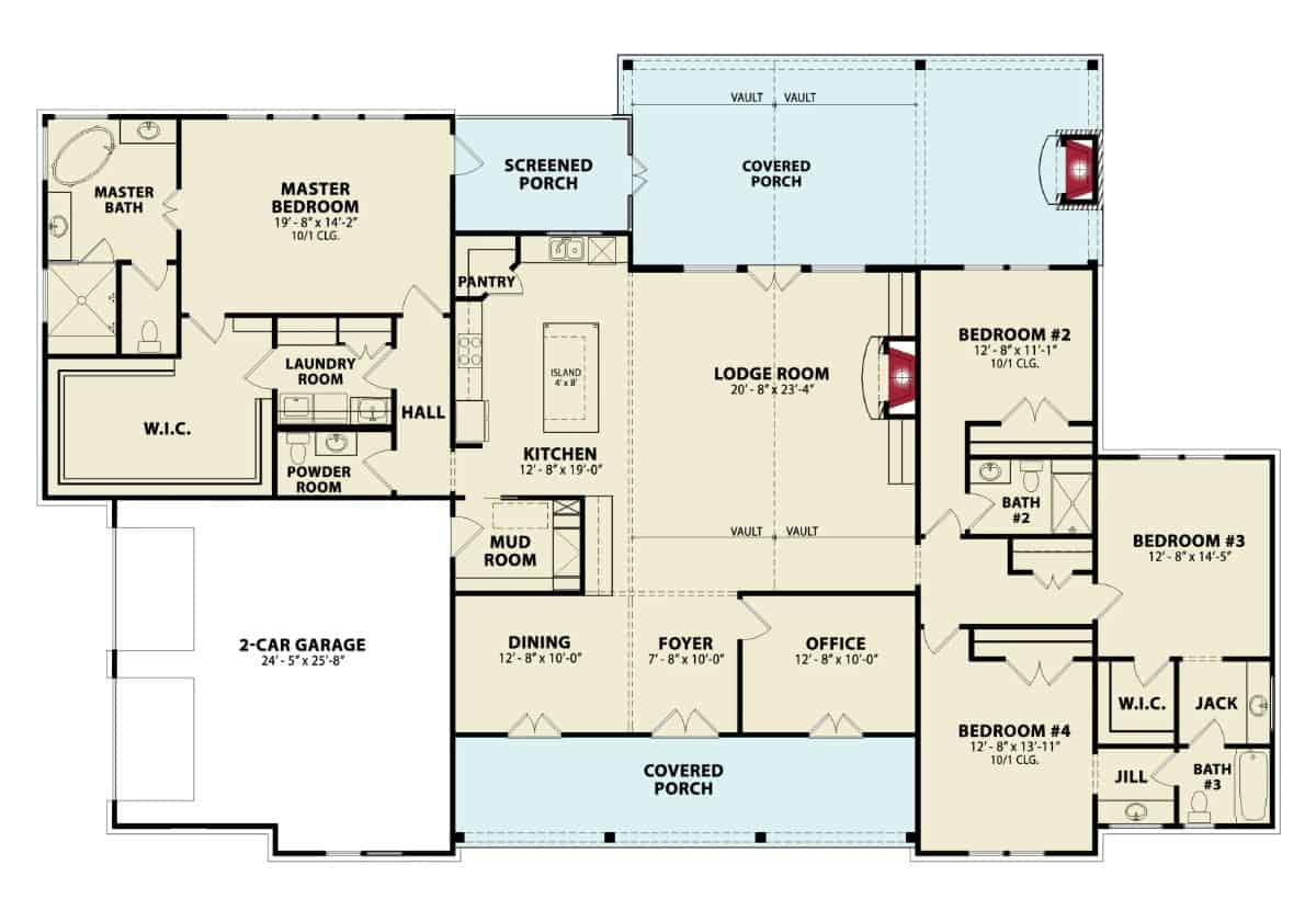 单层4卧室的Silverthorne山别墅的主要楼层平面图，设有门厅，家庭办公室，餐厅，小屋，厨房，洗衣房和通往车库的储藏室。