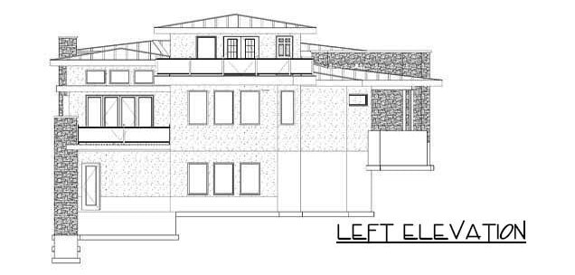 位于西南的两层当代1卧室住宅的左立面草图。